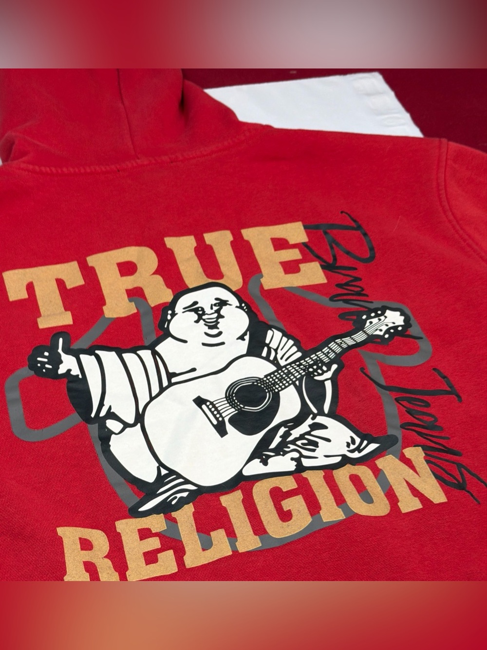 True Religion RED ZIP Hoodie black Buddha Guitar Man Men’s XL Y2K Back Graphics